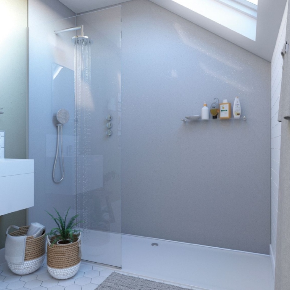 Lifestyle image of the Showerwall Laminate White Sparkle 2440mm x 1200mm Square Cut Ply Wall Panel - SW10 within a small wet room shower
